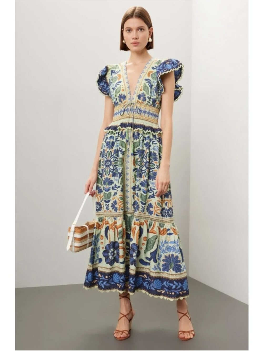 FARM Rio Blue and Cream Floral V-Neck Maxi Dress